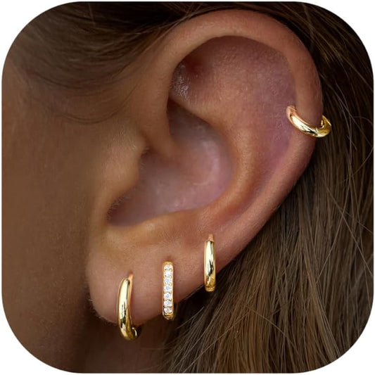 Small Gold Huggie Hoop Earrings Set for Women Men Hypoallergenic 14K Plated Stack Cartilage Earrings, Multiple Piercing