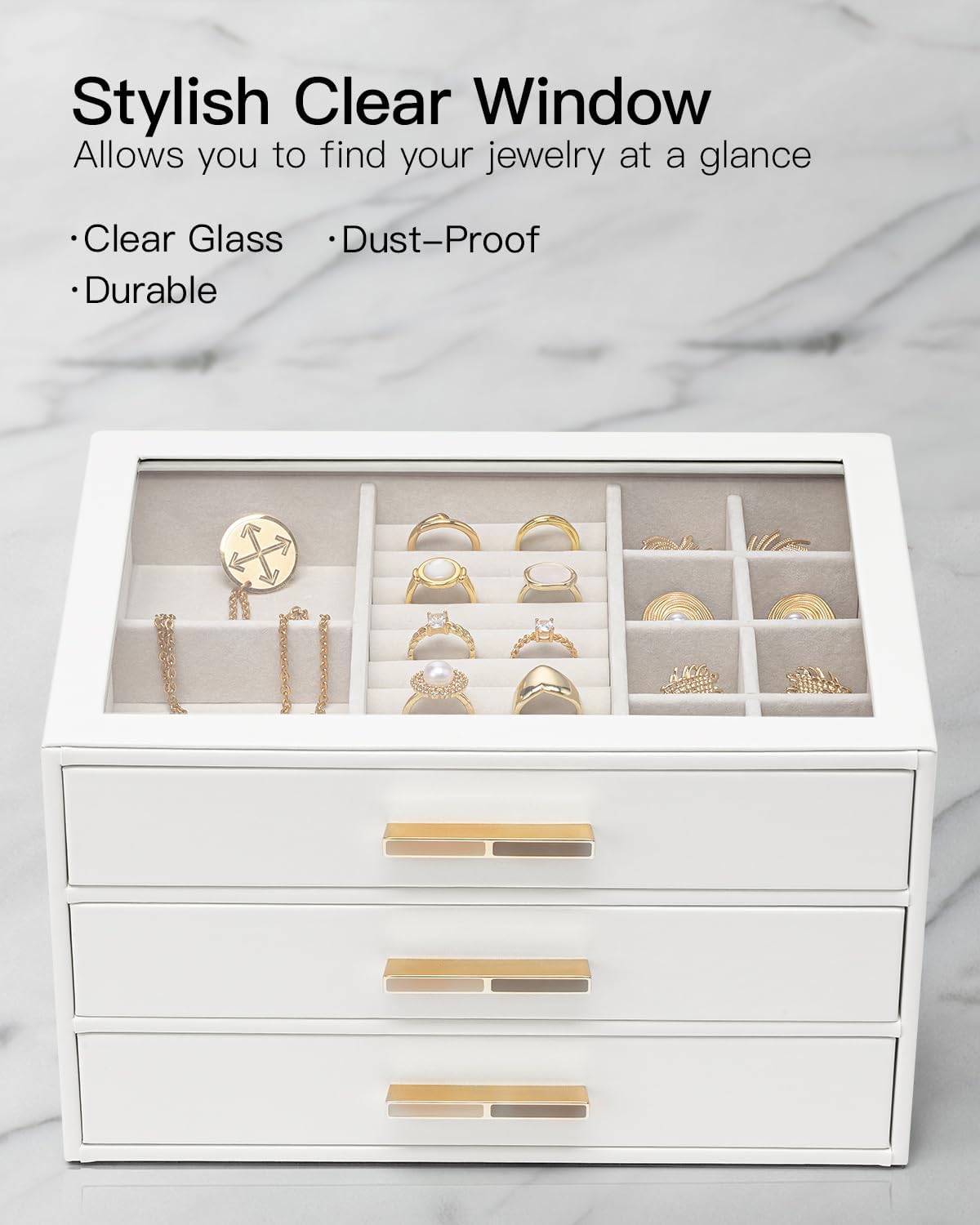 Jewelry Box for Women, Glass Lid Jewelry Organizer with 3 Drawers for Necklaces Rings Earrings Bracelets-White