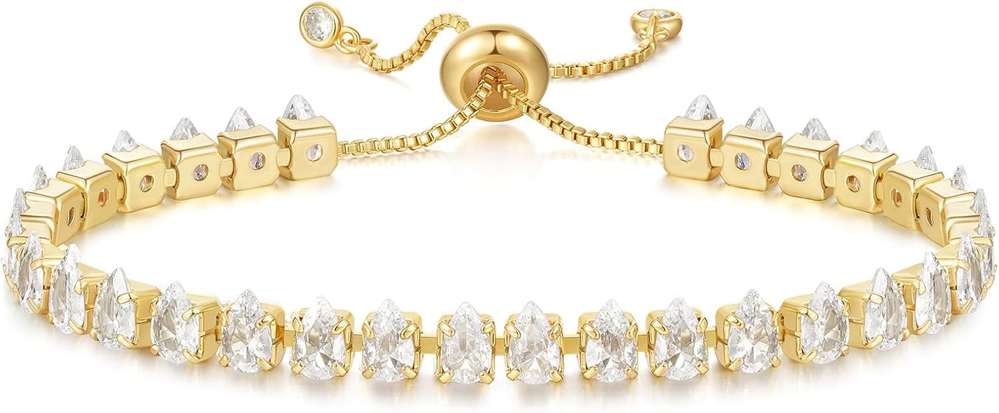 Tennis Bracelet for Women, 14K Gold Plated Cubic Zirconia Adjustable Slider Bracelets Trendy Jewelry Gift