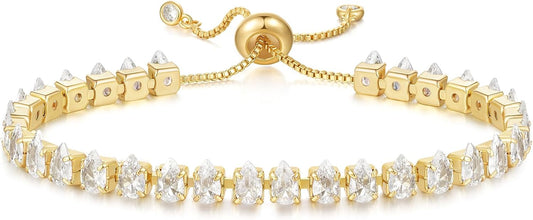 Tennis Bracelet for Women, 14K Gold Plated Cubic Zirconia Adjustable Slider Bracelets Trendy Jewelry Gift