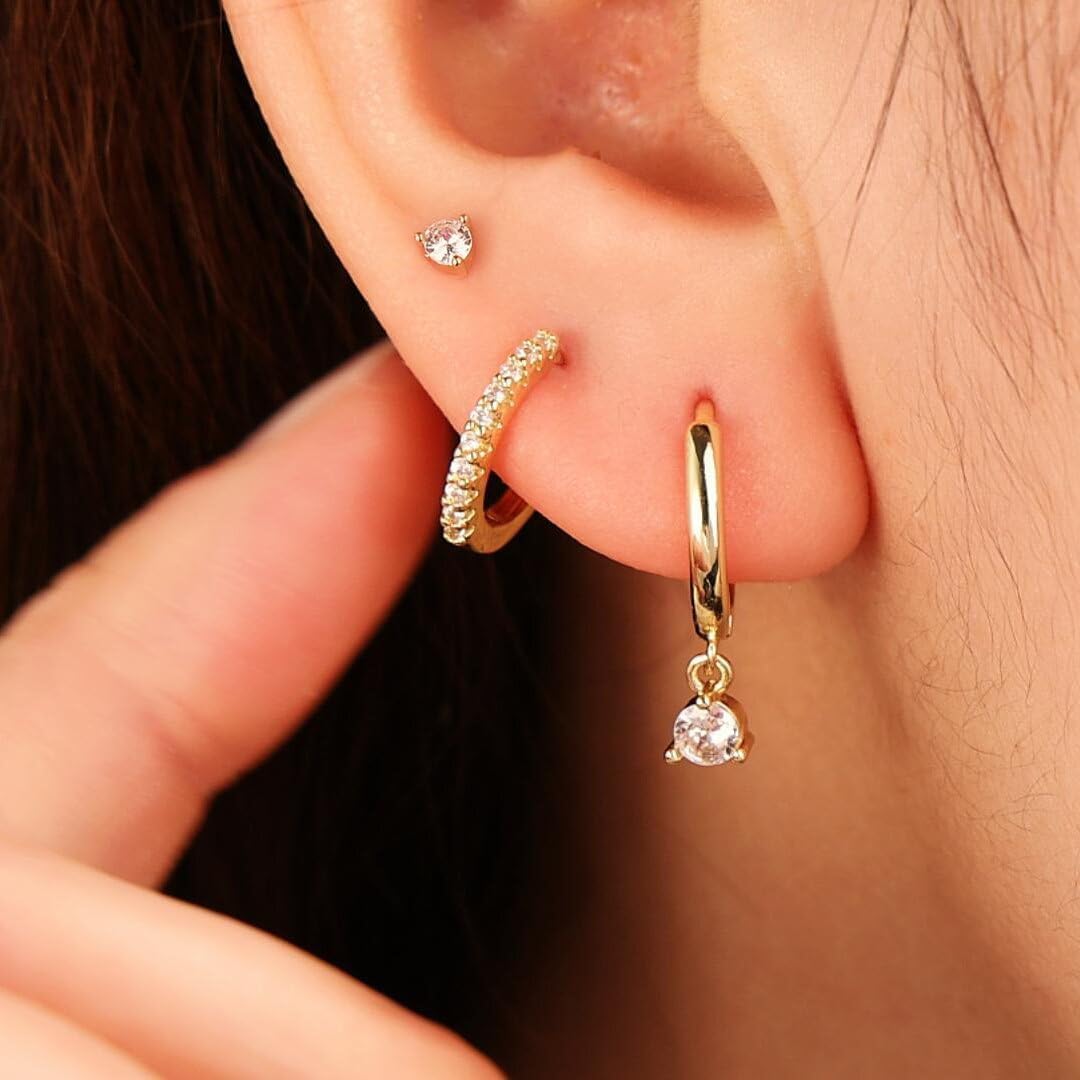 Freekiss 3 Pairs Gold Hoop Earrings Set: Dainty Stud Earrings Trendy Small 14K Gold Plated Hypoallergenic Dangle Cartilage