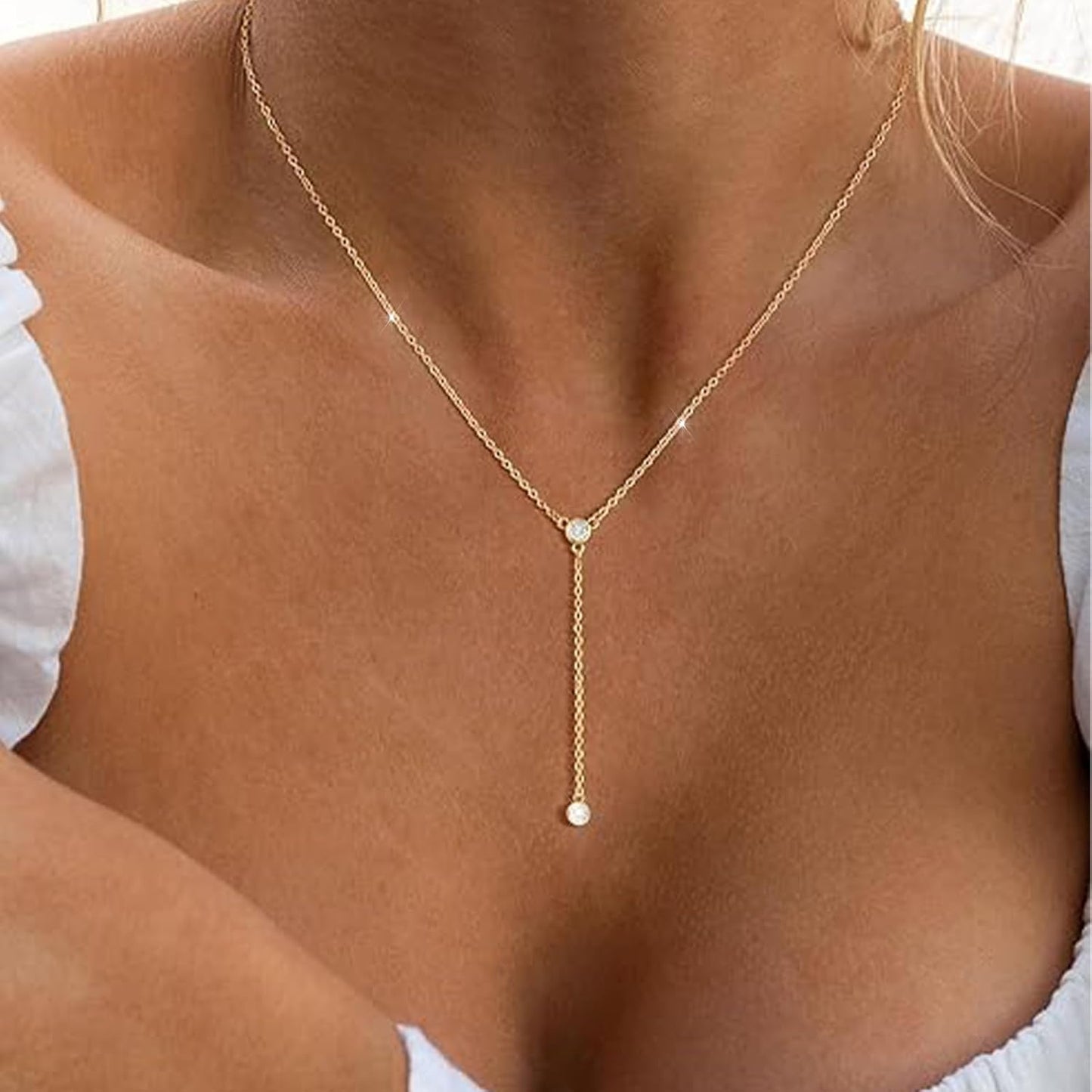 14K Gold Plated/Silver Lariat Necklace - Y-Shaped Layered Beaded Chain for Women