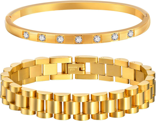 2pcs Gold Chain Link Bracelet, Stainless Steel Crystal Friendship Bracelets Bangle,Watch Band Chains Wristband