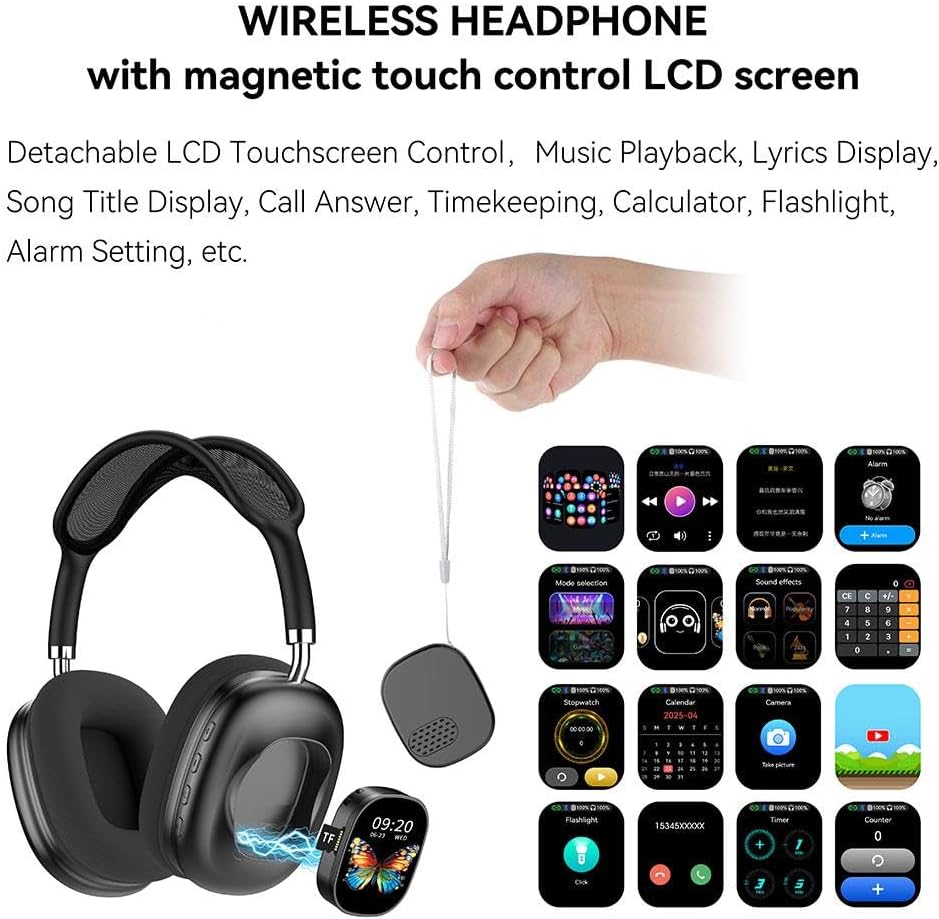 OMOMMD 2-in-1 Bluetooth Headphones & Portable Speaker with LCD Touch Screen, Built-in FM Radio, TF Card Playback, Over-Ear Wireless Headset with Long Battery Life