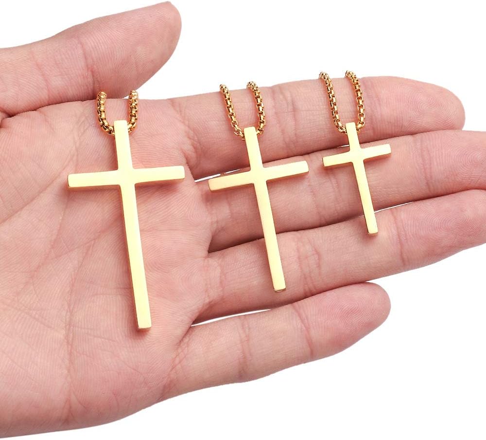 Cross Necklace For Men, Silver Black Gold Plain Cross Pendant With Adjustable Box Chain 16-30 Inch