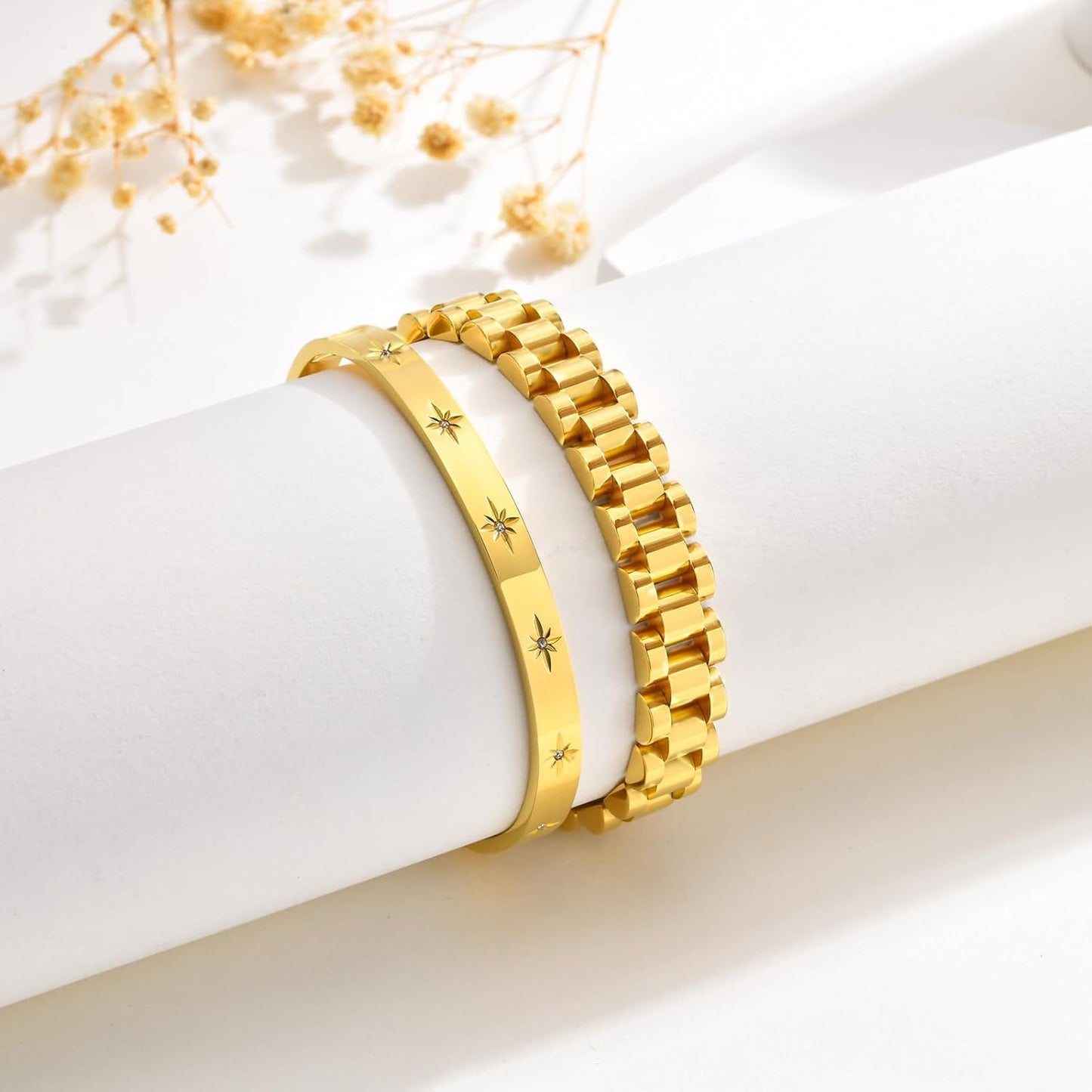 2pcs Gold Chain Link Bracelet, Stainless Steel Crystal Friendship Bracelets Bangle,Watch Band Chains Wristband