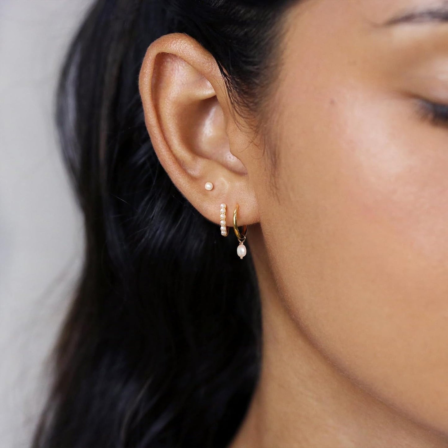 3 Pairs Small Gold Hoop Earring, 14K Gold Plated Earring Stacks Butterfly Heart Star Moon Bow Four Leaf Rhombus Round CZ Pearl