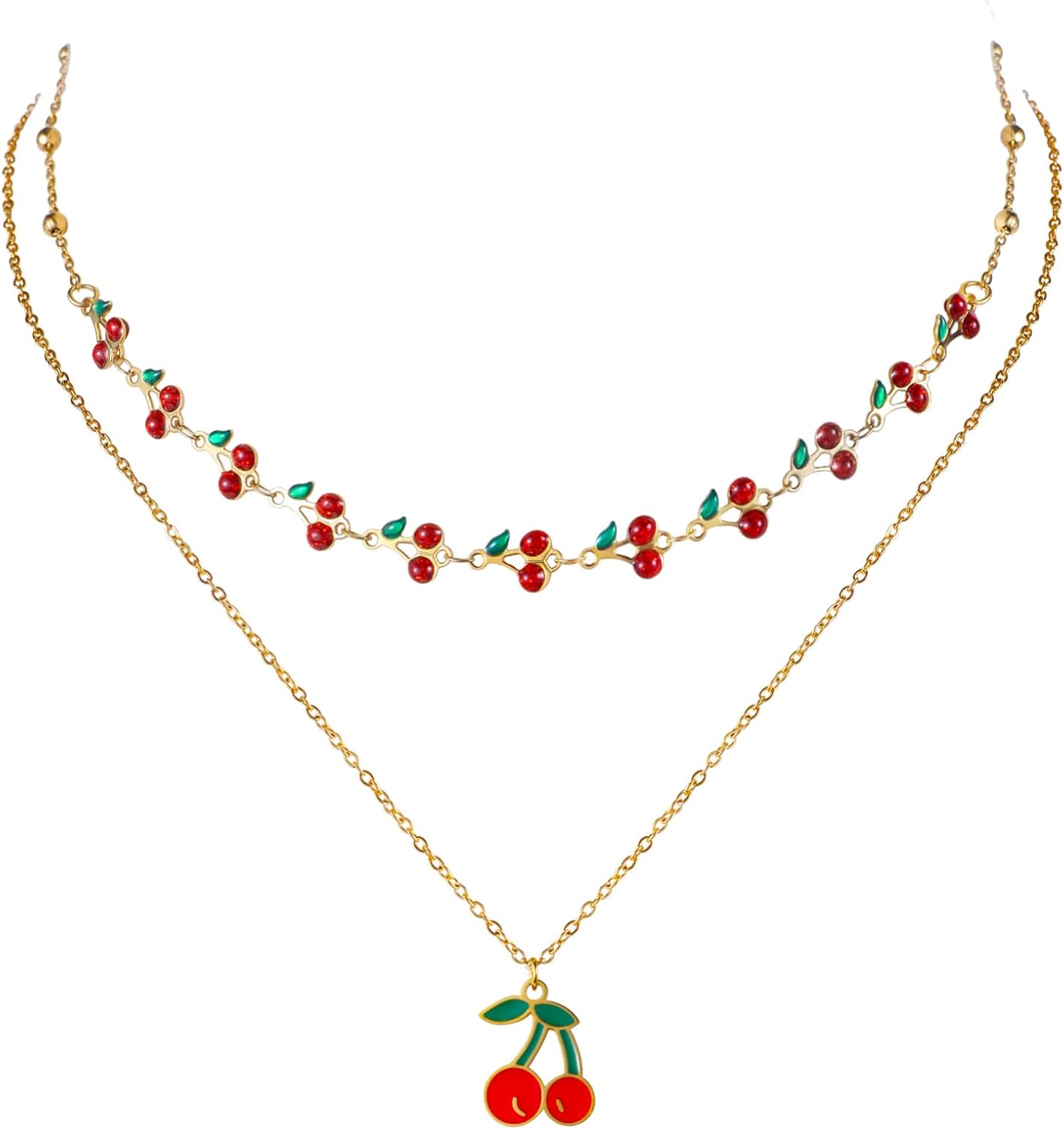 Cherry Necklace for Women 2PCs 14K Gold Plated Layered Dainty Pendant Cute Summer Fruit Jewelry Accessories