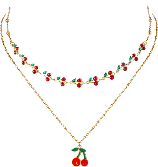 Cherry Necklace for Women 2PCs 14K Gold Plated Layered Dainty Pendant Cute Summer Fruit Jewelry Accessories