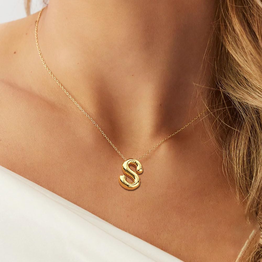 14K Gold Plated Initial Necklace for Women & Teens, Trendy Bubble Letter Pendant, Dainty Gold Jewelry Gift for Her, Birthday Present for Sister