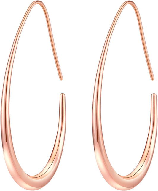 Lightweight Teardrop Hoop Earrings for Women - 14k Gold/White Gold Plated Large Oval Pull Through Hoop Earrings High