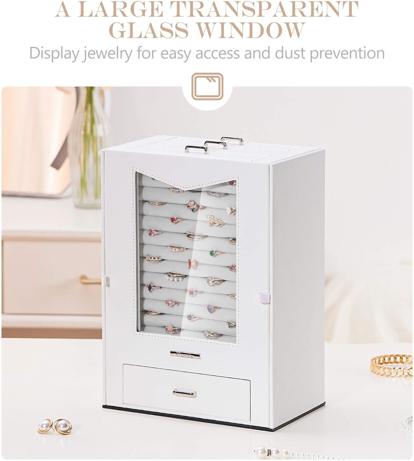 Jewelry Organizer with Transparent Window Necklace Hooks Jewelry Box for Necklaces Rings Earrings Bracelets