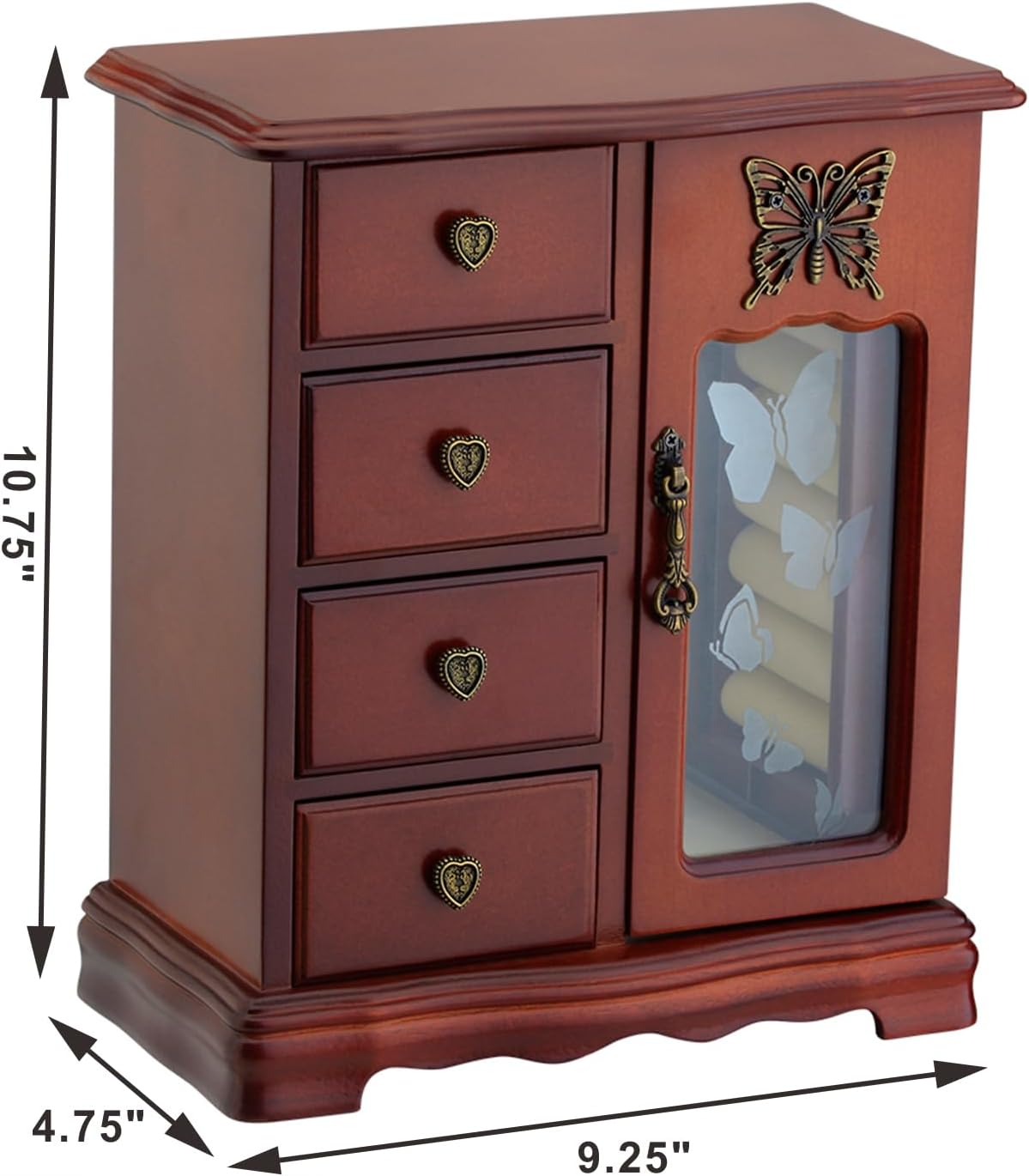 Solid Wooden Jewelry Box Organizer Women Ring Storage with 4-Drawers Built-in Necklace Carousel and Mirror