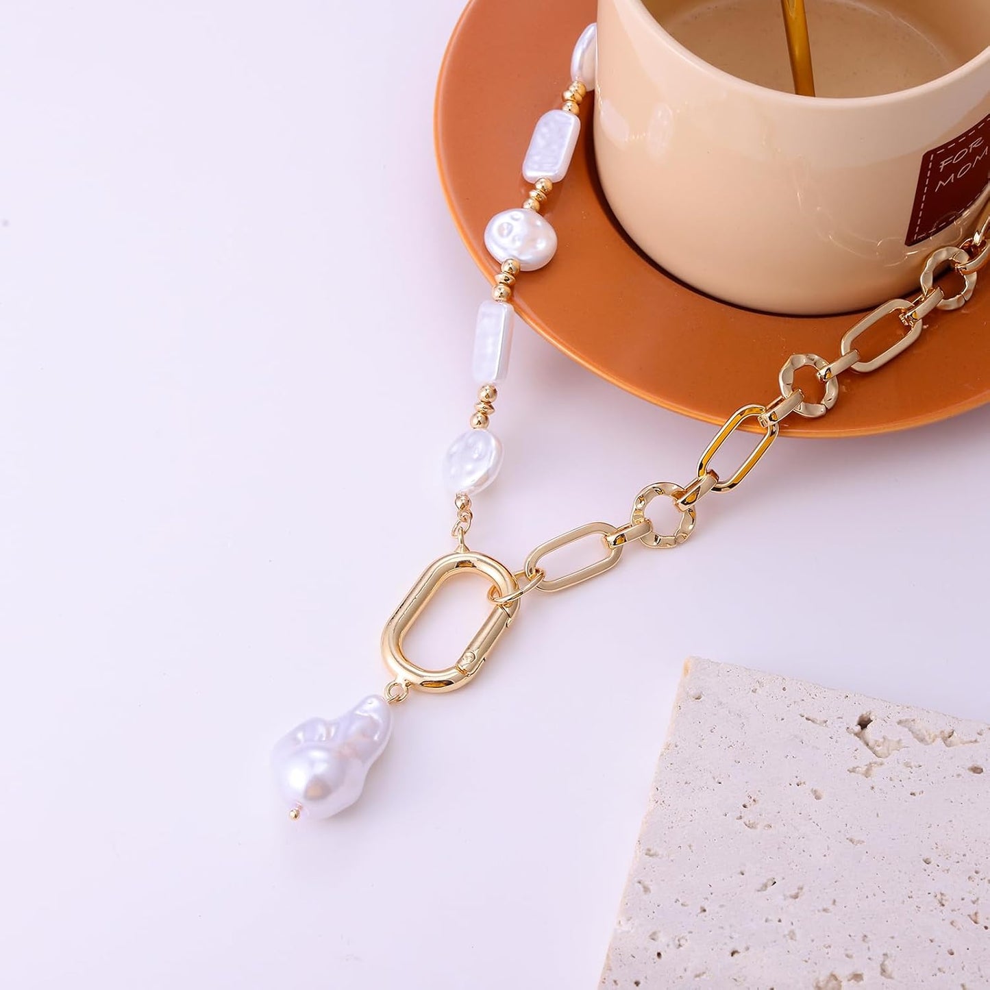 Statement Mixed Chain & Chunky Organic Pearl Choker Necklace for Women - Trendy Layered Jewelry