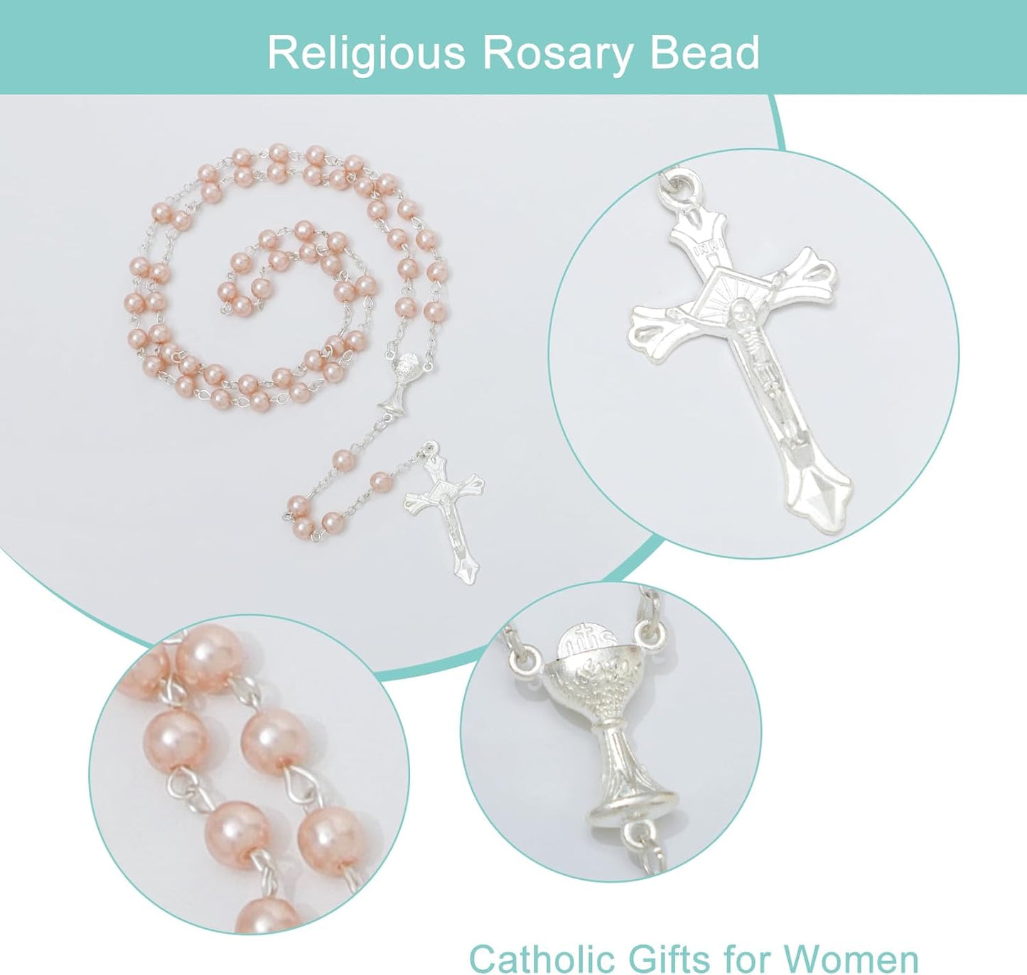 6mm Pearl Rosary Beads With Crucifix - Women's Catholic Prayer Necklace, Gift Box & Pouch Included