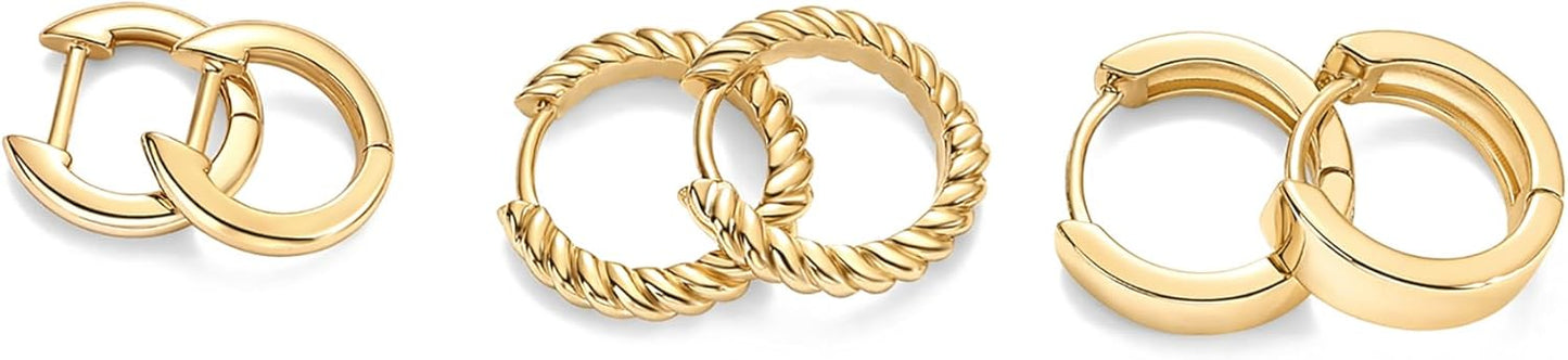 14K-18K Yellow Gold Plated Sterling Silver Posts Three Pairs Small Hoop Earrings for Women - Statement Gold Hoop Earrings Set