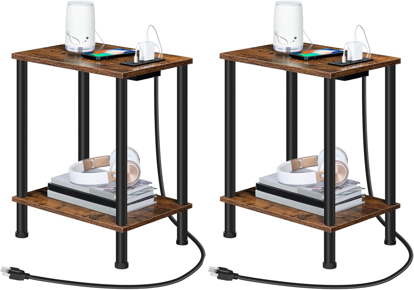Set of 2 End Tables with USB Port and Outlets, Nightstand with 2-Layer Storage Shelves