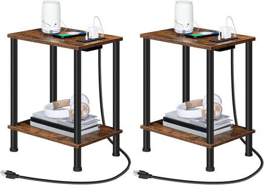 Set of 2 End Tables with USB Port and Outlets, Nightstand with 2-Layer Storage Shelves