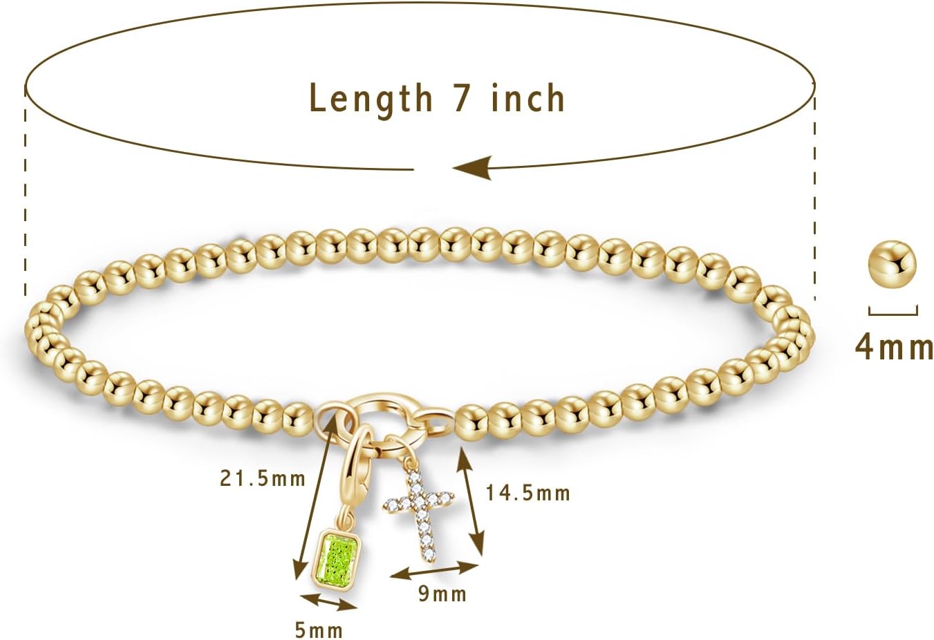 Free bird Cross Birthstone Bracelet | Dainty 14K Gold Plated Cross Charm Bracelet | Stretchable Elastic Gold Beaded Bracelet