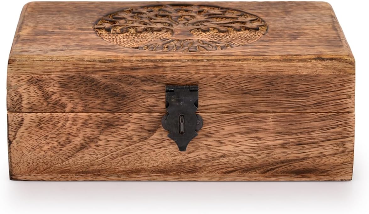 Handmade Mango Wood Tree of Life Engraving Beautifully Keepsake Box Jewellery Organiser Unique Gift Ideas
