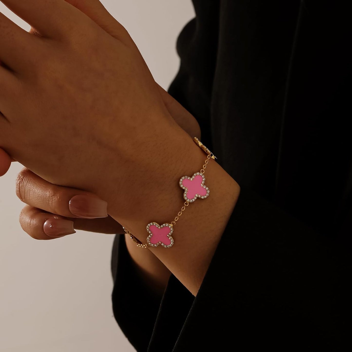 Qitian Clover Bracelet for Women 18K Gold Four Leaf Pink Lucky Link Clover Bracelets, Trendy Bracelets Set