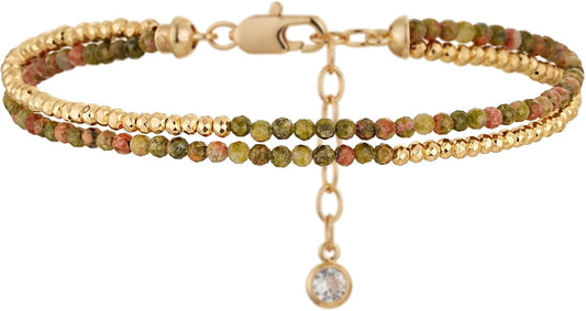 Women Beaded Bracelet Gold Double Layer Gemstone 14K Simple Dainty Handmade Chain Everyday Boho Beach Jewelry