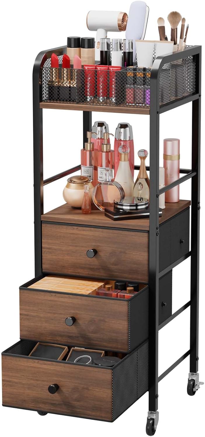 Rolling Makeup Cart Organizer - Floor Skincare Make Up Storage with 3 Non-woven Fabric Drawers