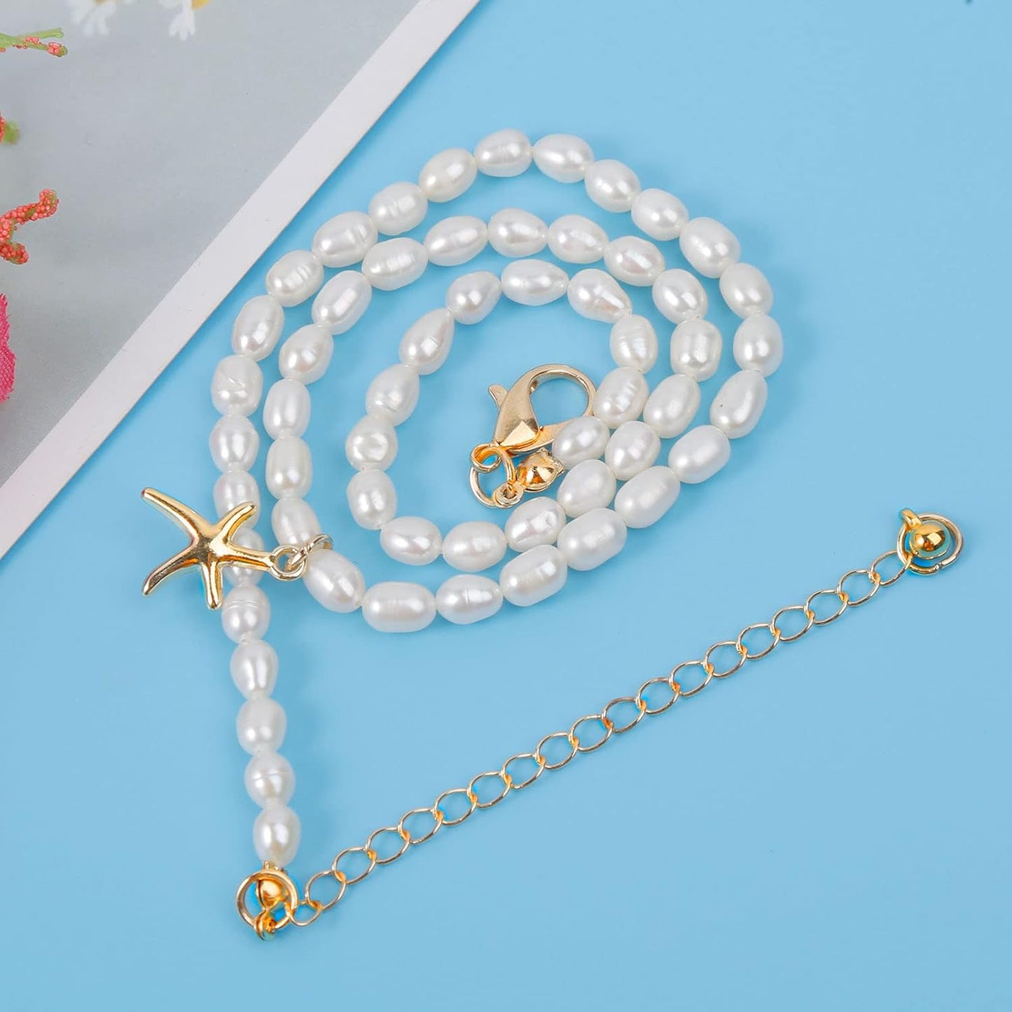Women's Freshwater Pearl Choker Necklace, 14K Gold Plated Handmade Adjustable Boho Elegant Gift