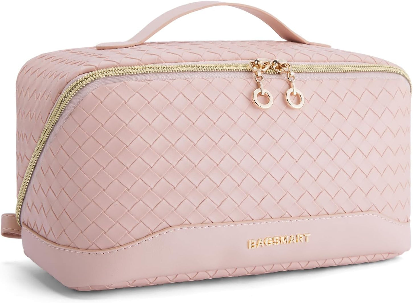 Travel Makeup Bag for Women, Portable Water-resistant Cosmetic Case, Puffy Padded Make Up Organizer Pouch, Open Flat Toiletry Bag for Toiletries, Brushes, Pink
