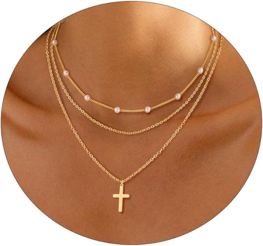14K Gold Plated Layered Necklace Set, Dainty Pearl Cross & Multi-Chain Design (Cuban/Figaro/Herringbone), Trendy Women’s Jewelry Gift