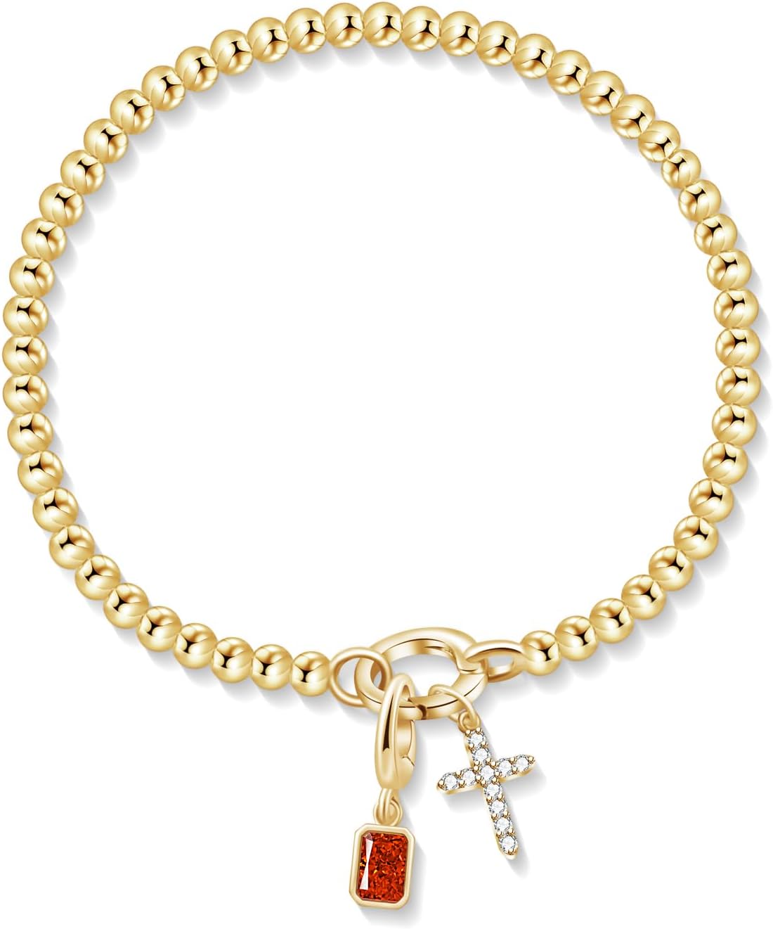Free bird Cross Birthstone Bracelet | Dainty 14K Gold Plated Cross Charm Bracelet | Stretchable Elastic Gold Beaded Bracelet