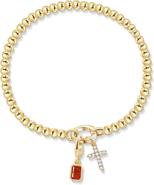 Free bird Cross Birthstone Bracelet | Dainty 14K Gold Plated Cross Charm Bracelet | Stretchable Elastic Gold Beaded Bracelet