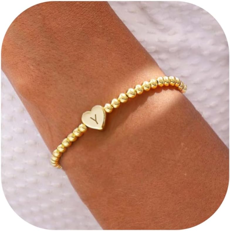 Beaded Bracelets for Women Dainty Heart Initial Bracelet Letter A-Z Charm Bracelet for Women Stretch