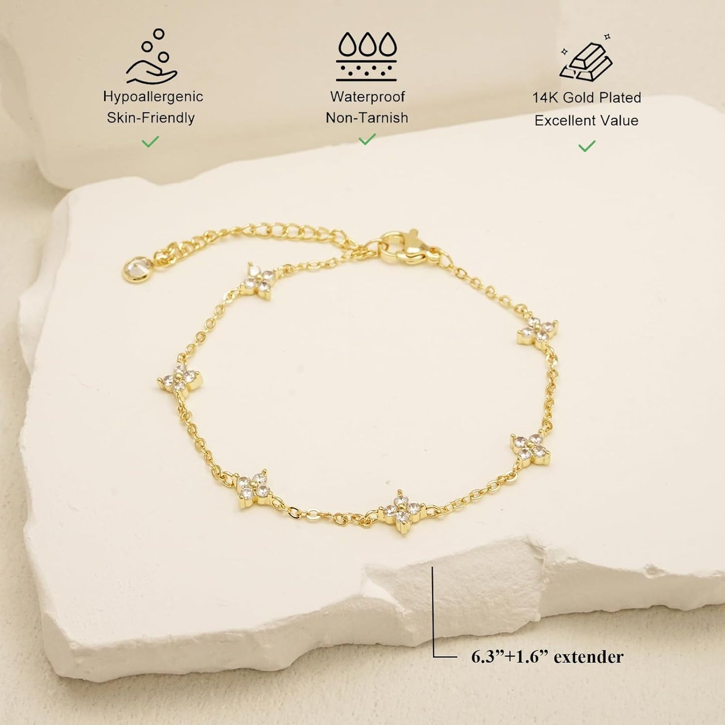 Bracelets for Women 14K Gold Silver Plated Ring Bracelet Hand Chain Dainty Evil Eye Heart Clover Daisy Cubic Zirconia