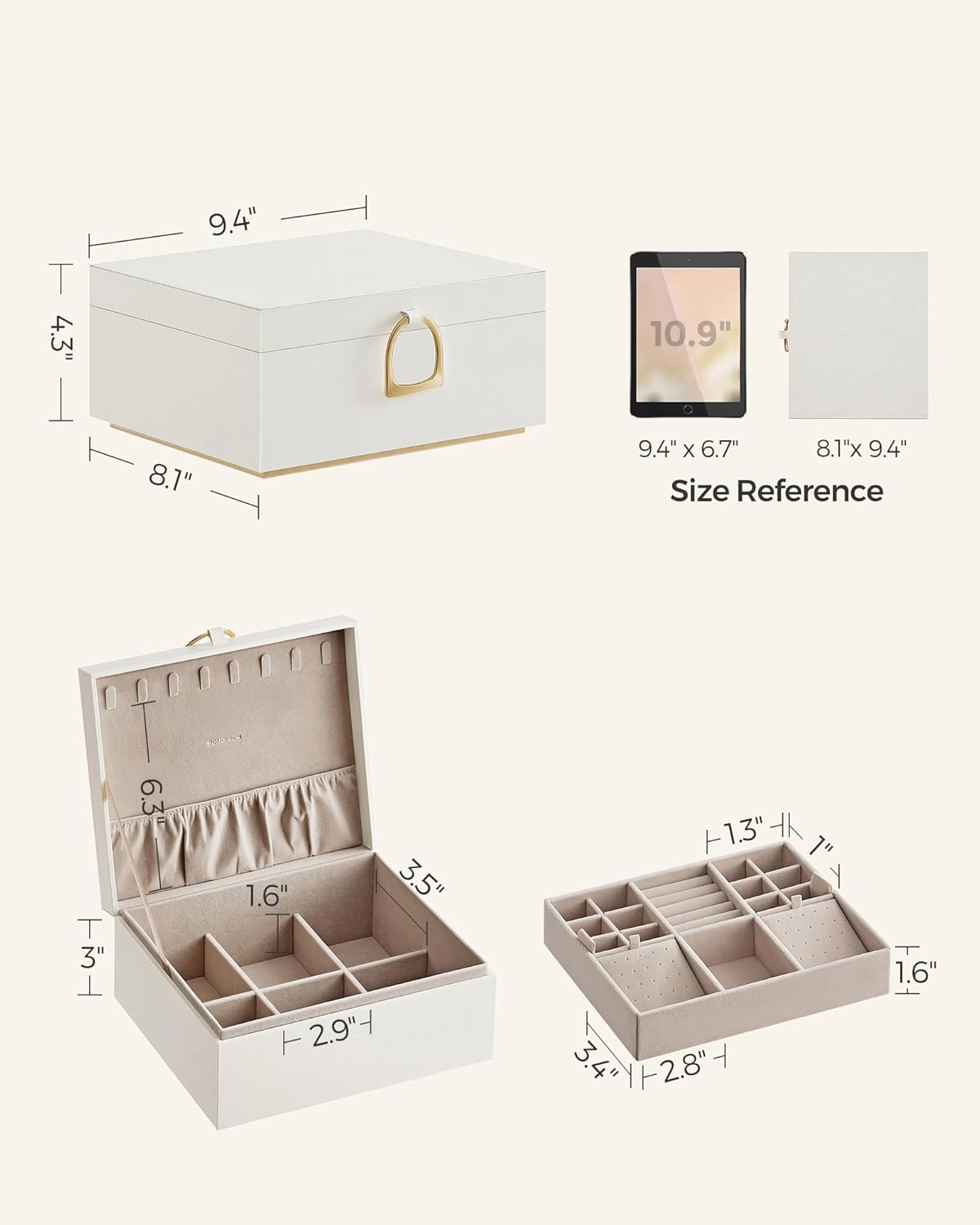 2-Layer Jewelry Box, Jewelry Organizer with Handle, Removable Jewelry Tray, Jewelry Storage, Floating Effect, White