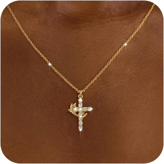 "14K Gold Diamond Cross Necklace for Women, Dainty Cubic Zirconia Pendant, Cute Tiny Gold Jewelry Gift"
