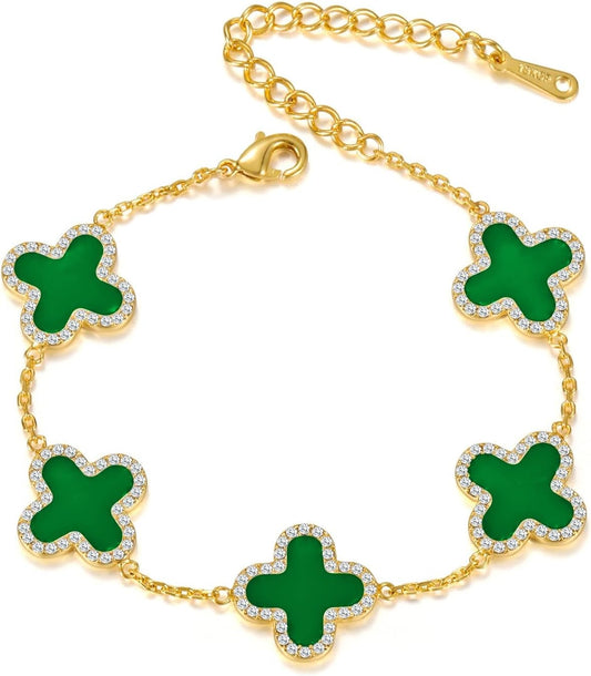 Qitian Clover Bracelet for Women 18K Gold Four Leaf Pink Lucky Link Clover Bracelets, Trendy Bracelets Set