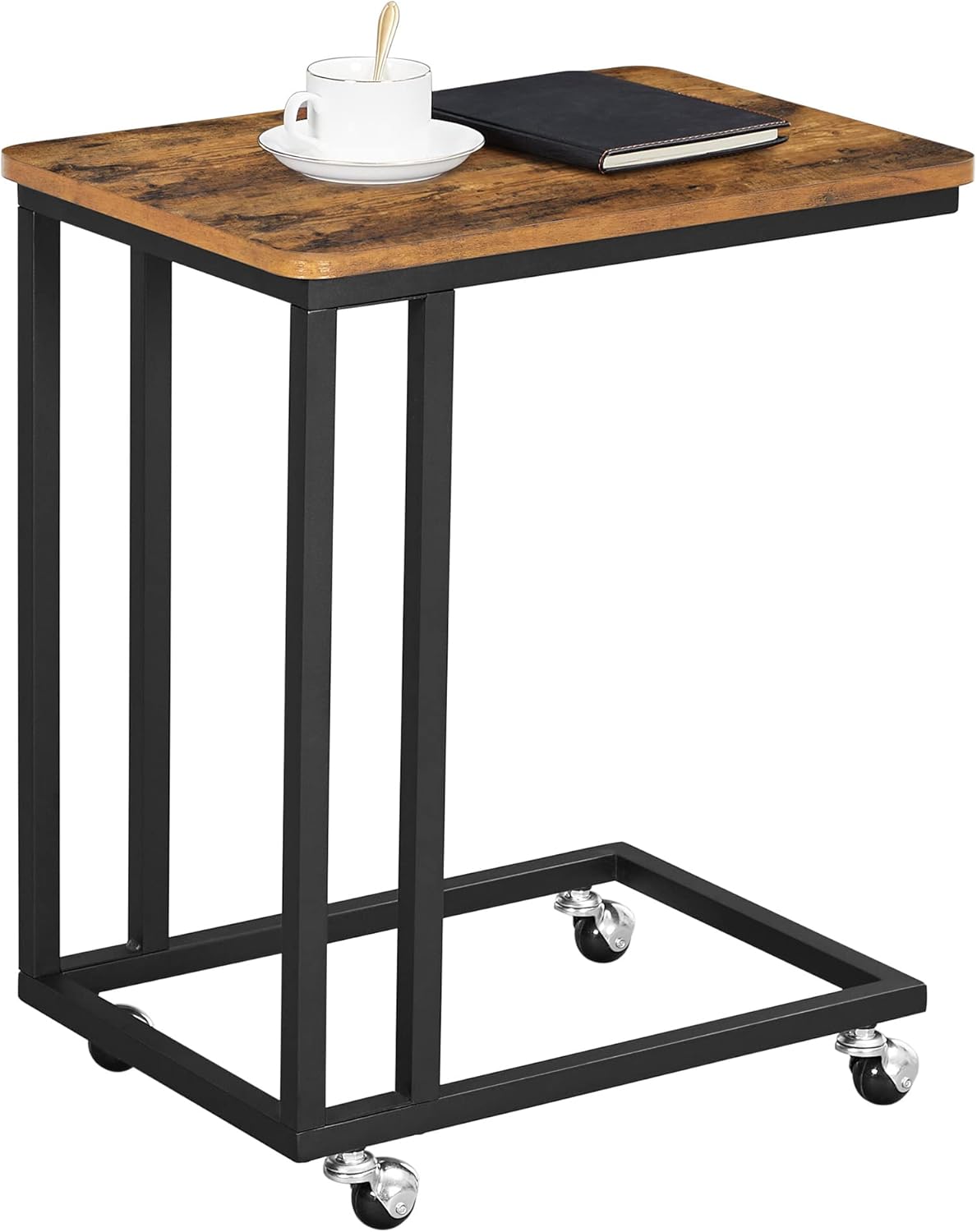 C Shaped TV Tray with Metal Frame Rolling Casters, Industrial Side Table for Living Room Bedroom