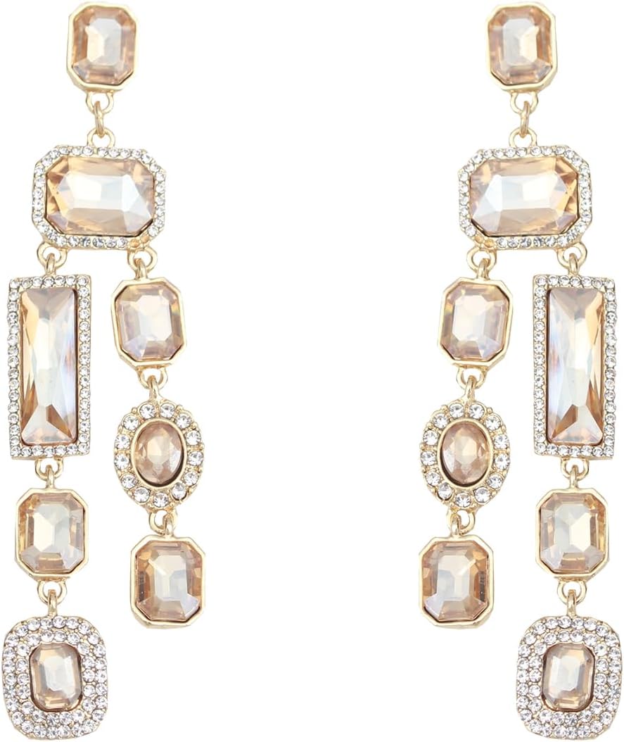 Vintage Rectangle Teardrop Chandelier Earrings, Art Deco Wedding Austrian Crystal Drop Dangle Earrings for Women Party Prom