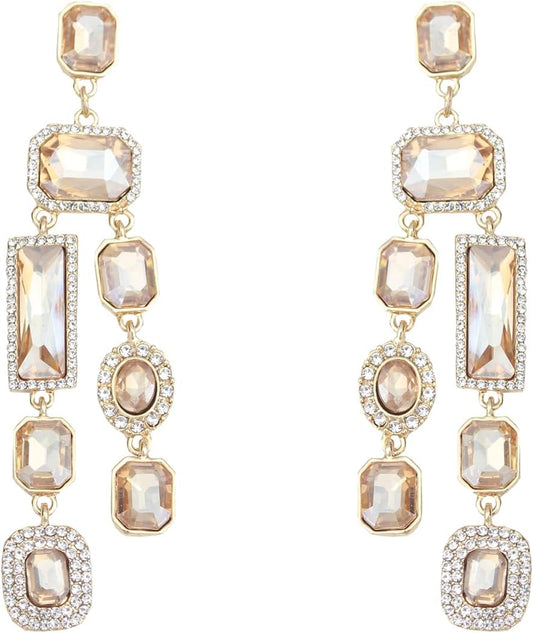 Vintage Rectangle Teardrop Chandelier Earrings, Art Deco Wedding Austrian Crystal Drop Dangle Earrings for Women Party Prom