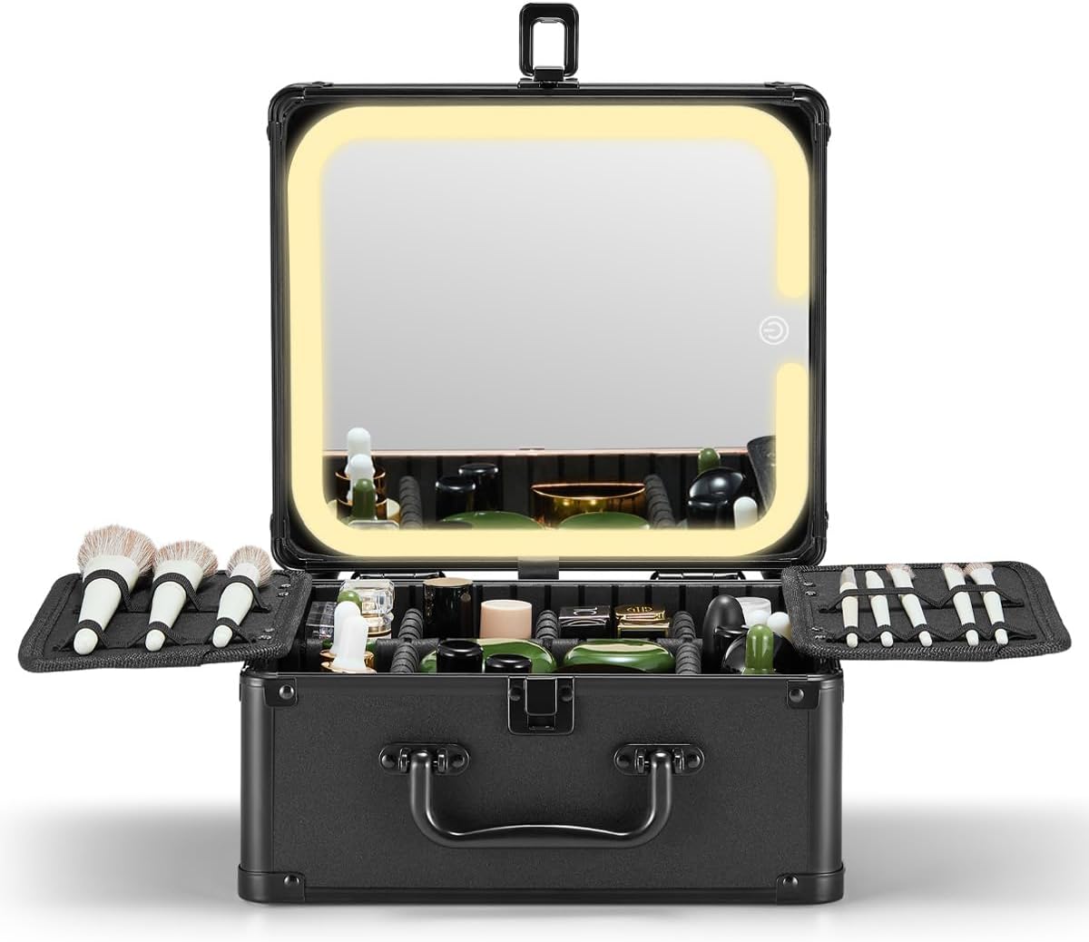 Makeup Box with A Detachable Lighted Mirror, Makeup Suitcase with Adjustable Dividers, Magnetic LED Mirror