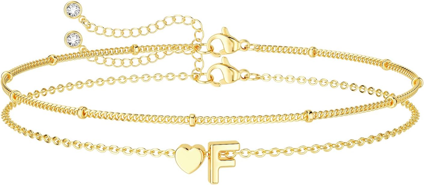 Dainty Initial Heart Gold Bracelets for Women Trendy, 14K Real Gold Letter Charm Bracelet Jewelry