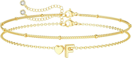 Dainty Initial Heart Gold Bracelets for Women Trendy, 14K Real Gold Letter Charm Bracelet Jewelry