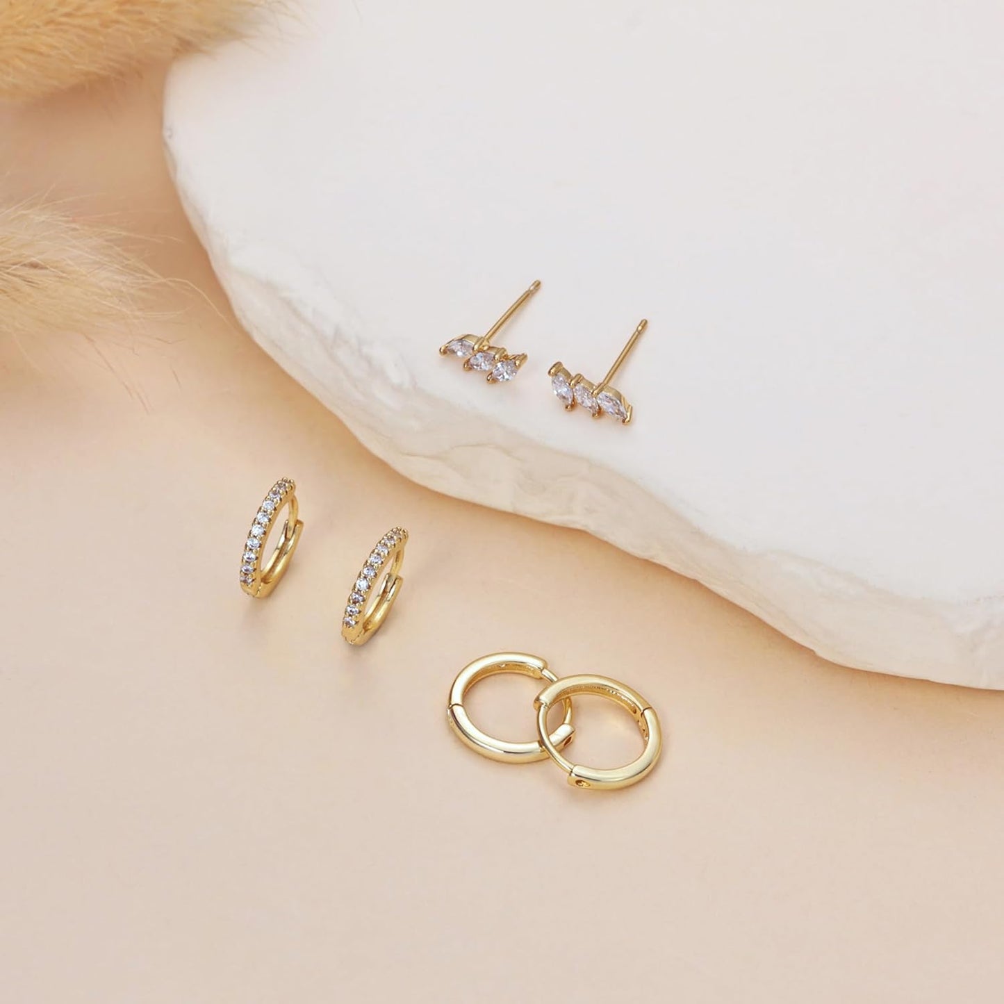 Freekiss 3 Pairs Gold Hoop Earrings Set: Dainty Stud Earrings Trendy Small 14K Gold Plated Hypoallergenic Dangle Cartilage