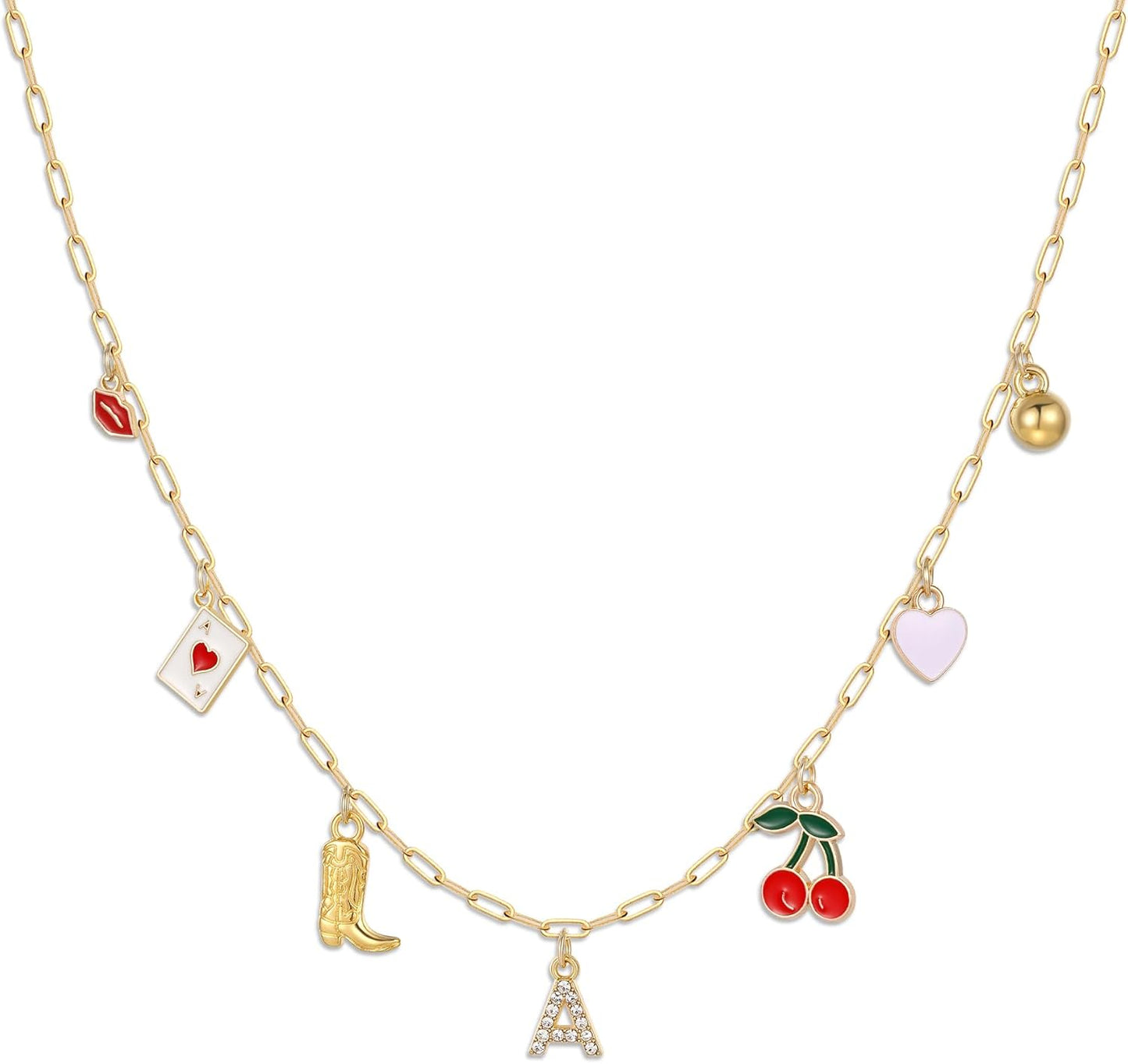 Initial Cowgirl Charm Necklaces for Women,14K Gold Plated Dainty Western Cherry Heart Necklace Beach Choker Personalized Monogram Name Necklace
