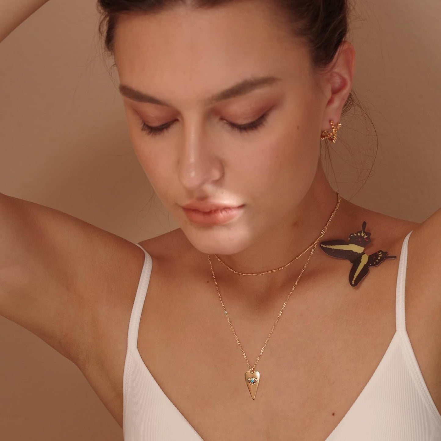 Layered Necklace with Heart & Arrow Pendant, 18k Gold Plated Dainty Choker for Women