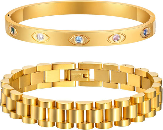 2pcs Gold Chain Link Bracelet, Stainless Steel Crystal Friendship Bracelets Bangle,Watch Band Chains Wristband