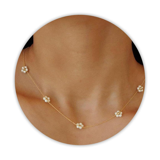Daisy Pearl Necklace, Dainty Pearl Choker Necklace As Flower Necklace Gift, 18K Gold Plated Summer Merch As Birthday Gifts for Her Daisy Costume Gift