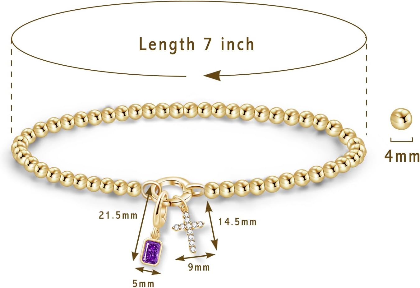 Free bird Cross Birthstone Bracelet | Dainty 14K Gold Plated Cross Charm Bracelet | Stretchable Elastic Gold Beaded Bracelet