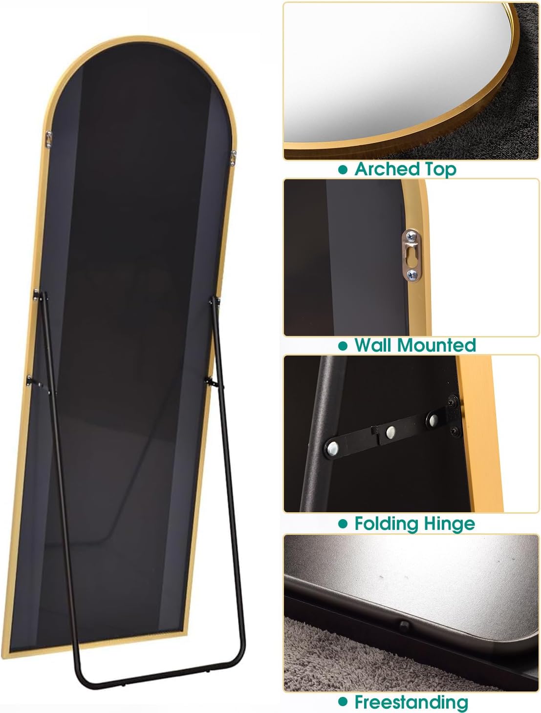 Arched Mirror - Full Length, Standing or Wall Mounted, 58"18", Aluminum Frame - Gold